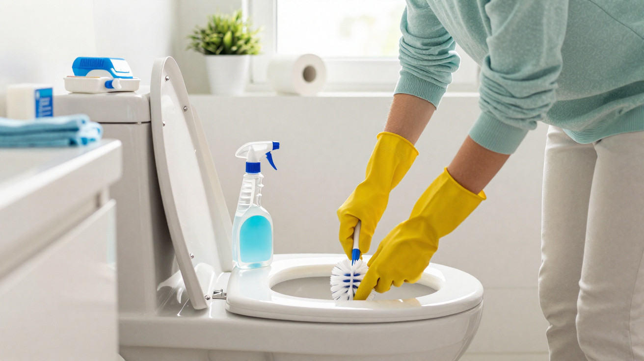 Person wearing yellow gloves cleaning a white toilet bowl with a brush in a bathroom.
