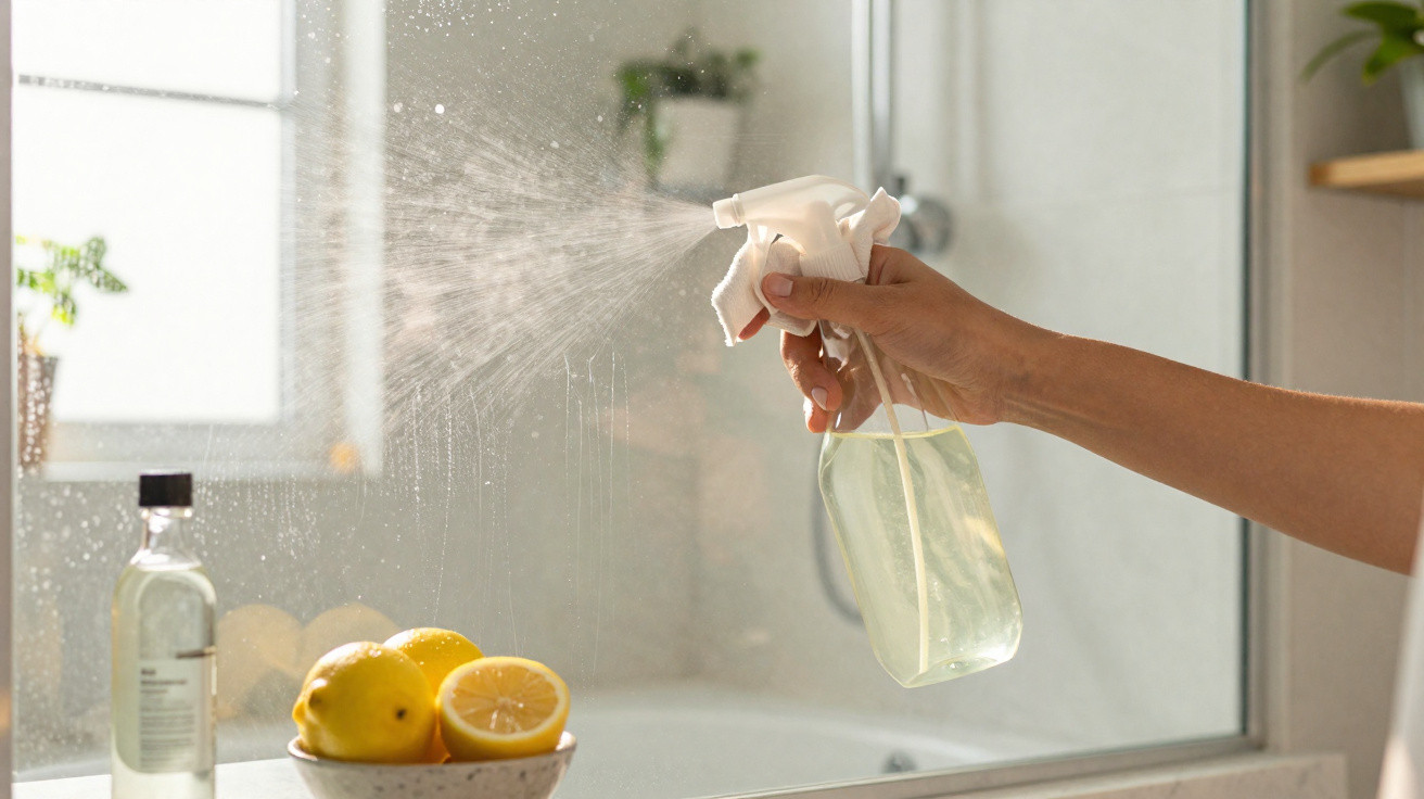 Hand spraying cleaning solution on a glass shower door with lemons and a bottle in the background.