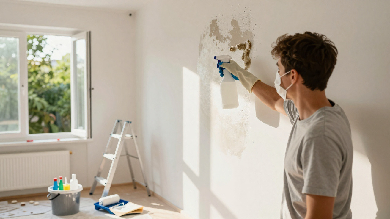 Man wearing a mask and gloves spraying cleaning solution on a wall with mould damage in a bright room.