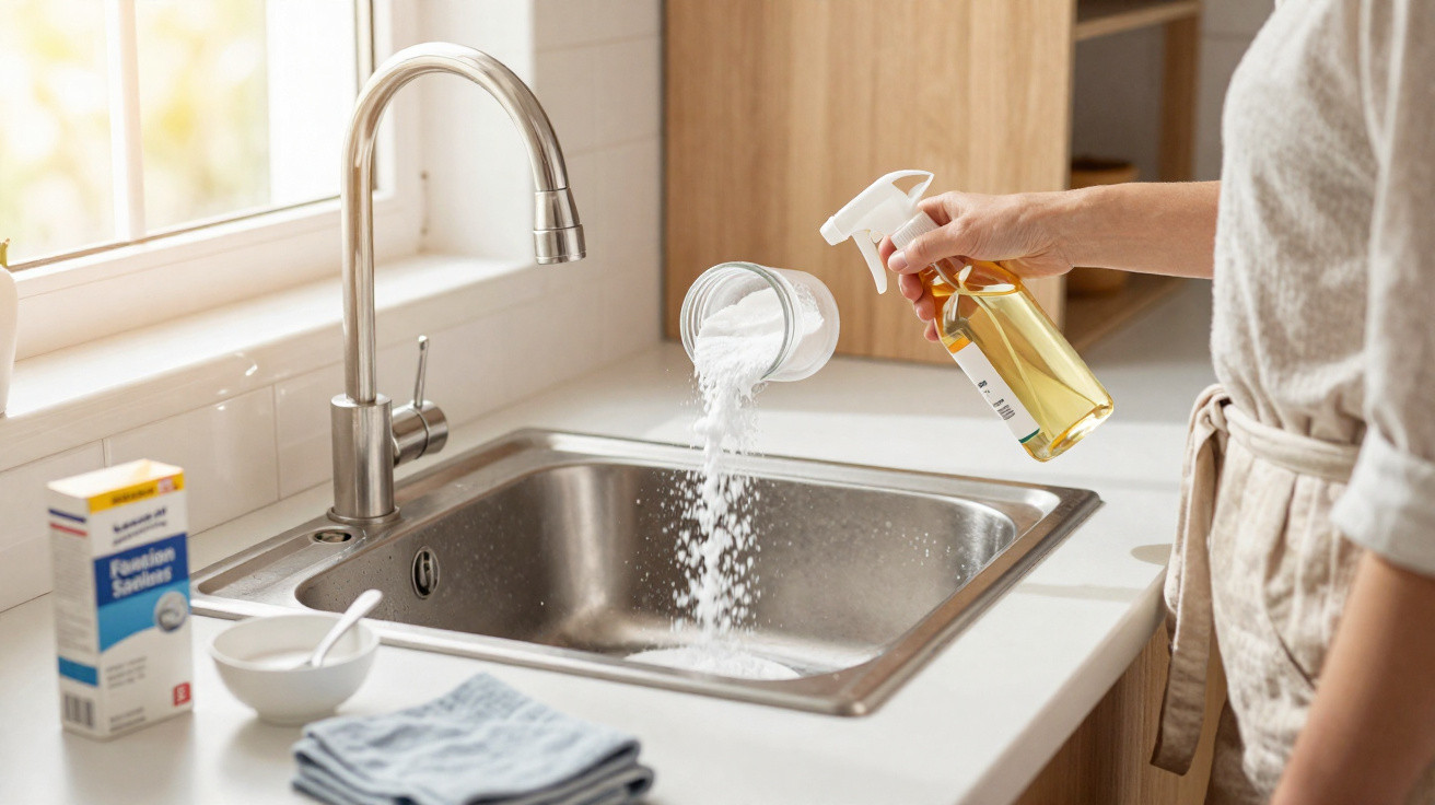 Person pouring baking soda into a kitchen sink while holding a spray bottle for cleaning.