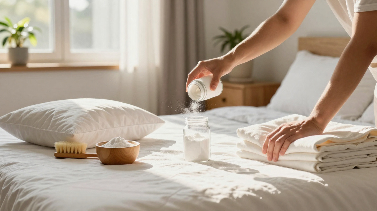 Person sprinkling white powder from a jar onto a bed with folded linens and cleaning items nearby.