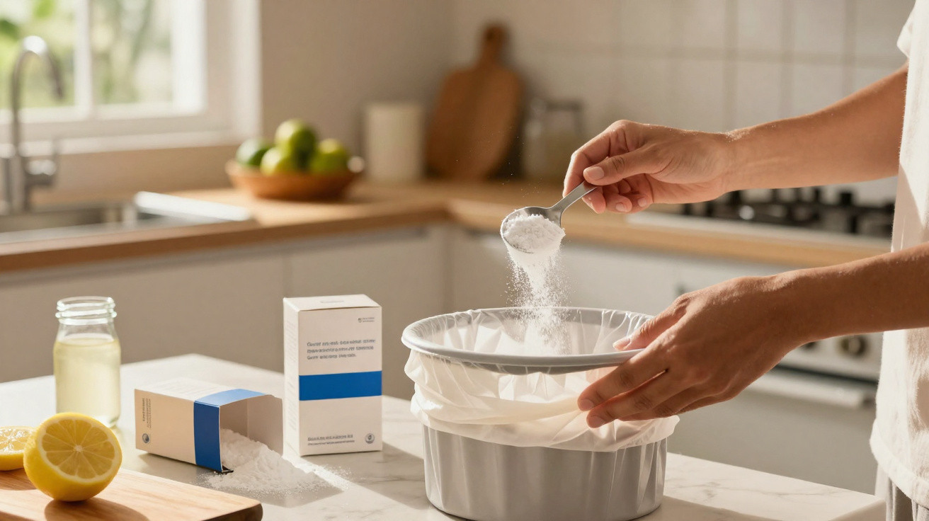 Person pouring baking soda into a lined grey bowl on a kitchen counter with lemon and jars nearby.