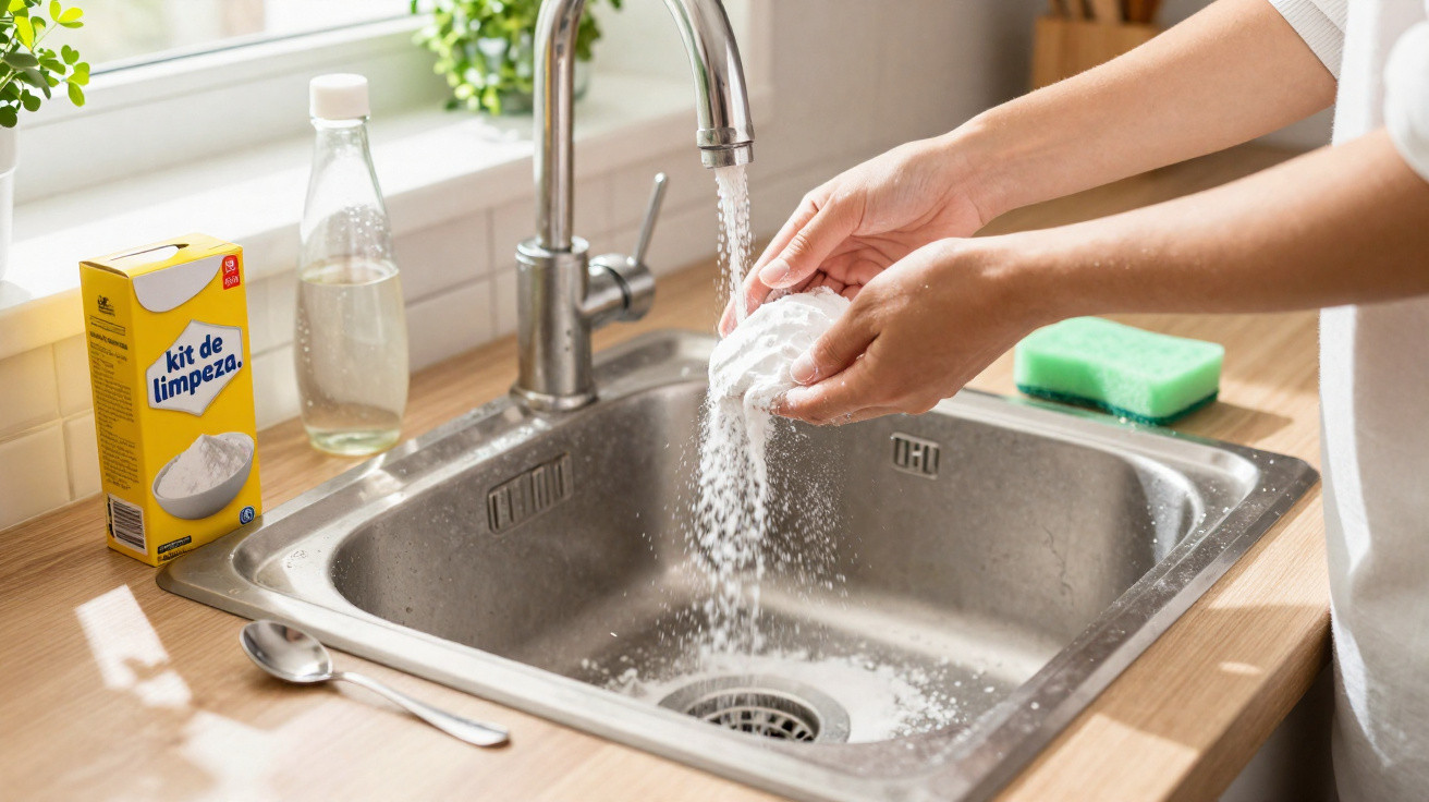 Person rinsing cleaning powder over a kitchen sink with cleaning supplies on the counter.