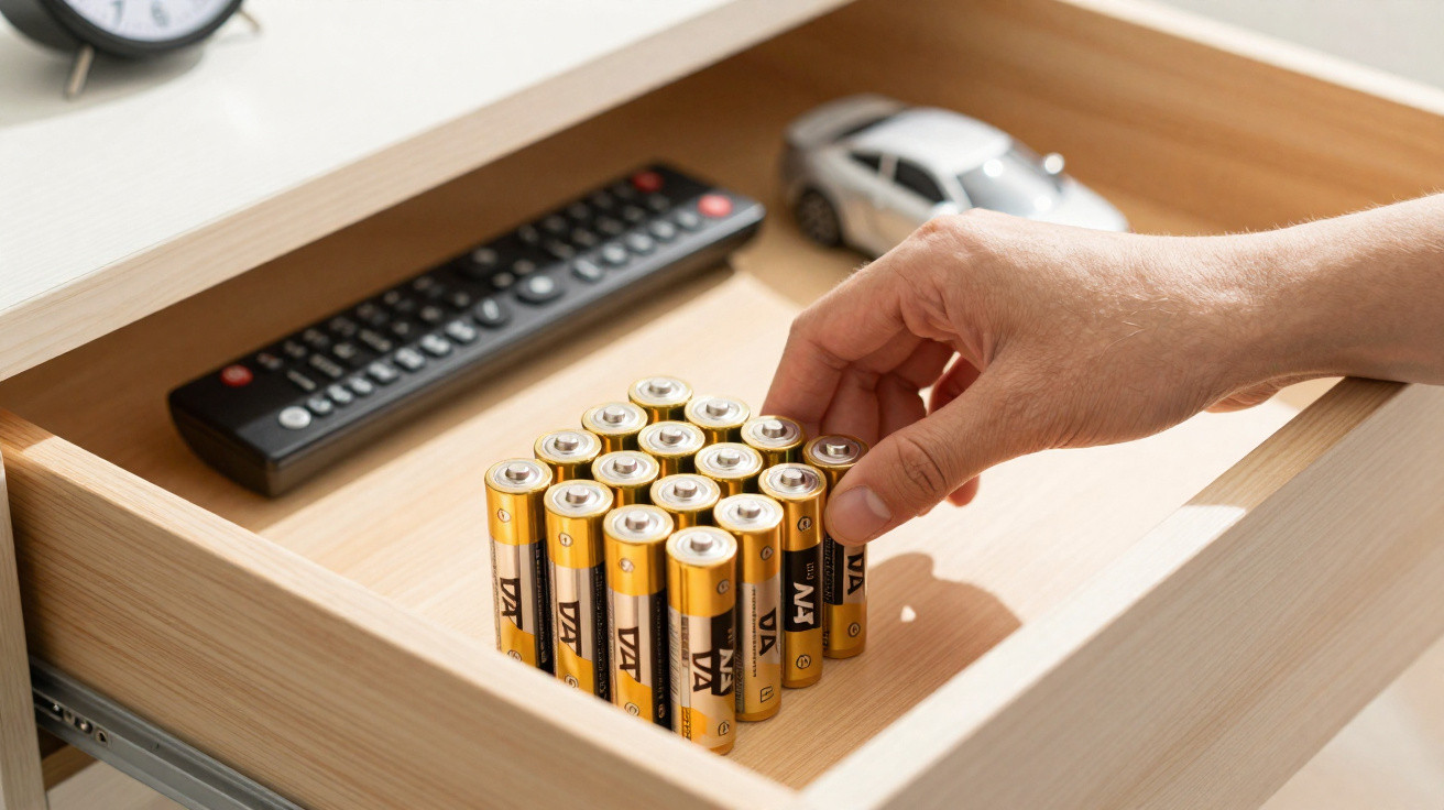 Hand placing AA batteries in a wooden drawer with a remote control and toy car inside.