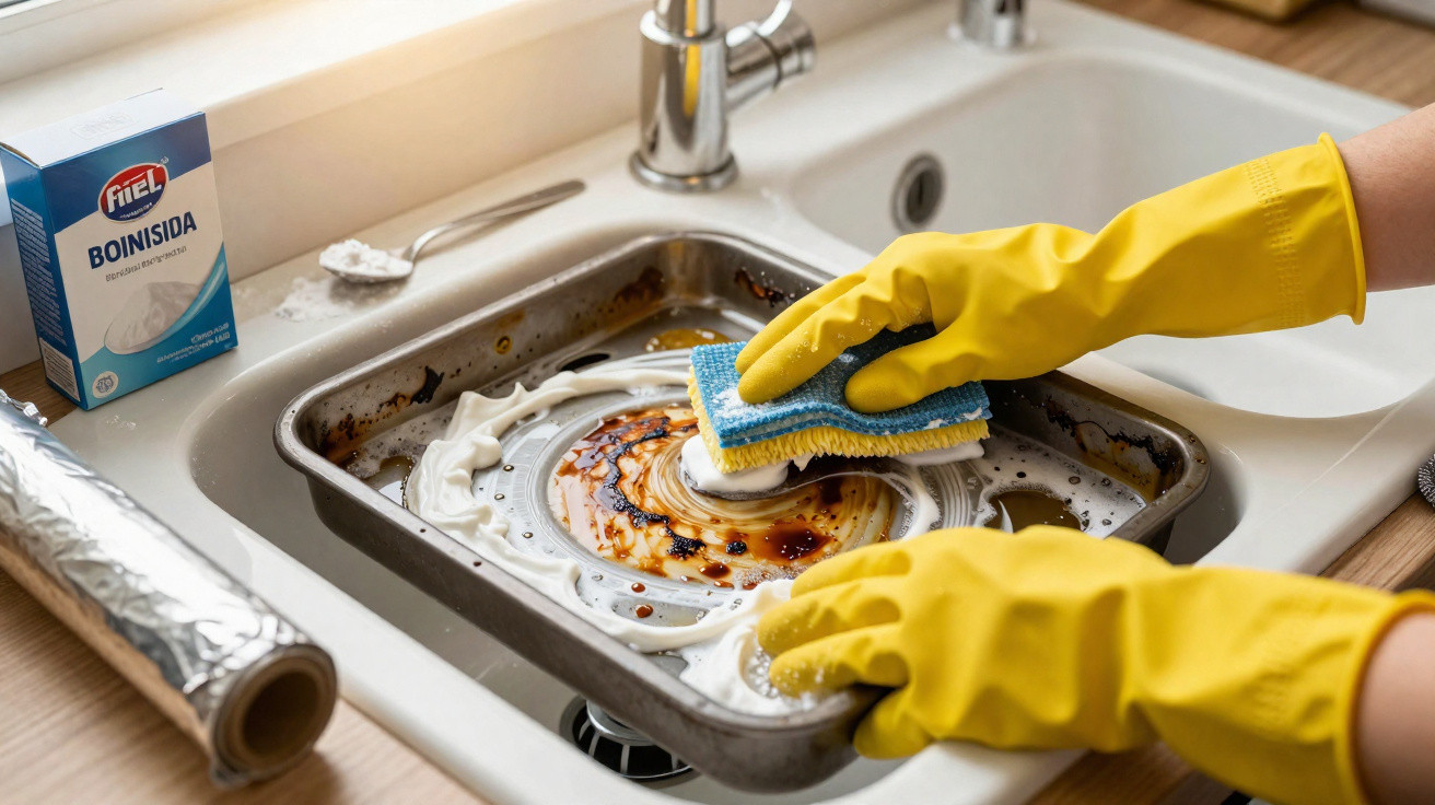 Person wearing yellow gloves scrubbing a greasy oven tray with a sponge over a kitchen sink.