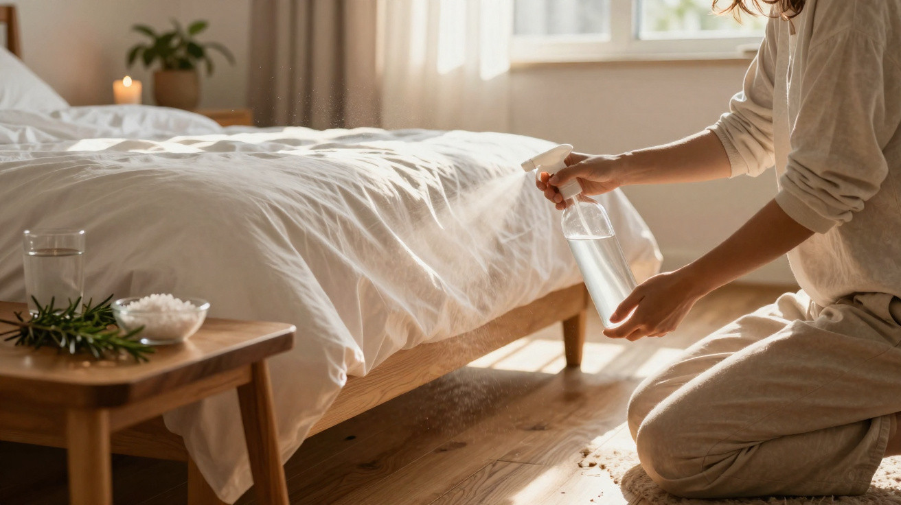 Person spraying a white bedspread with a clear spray bottle in a sunny, minimal bedroom.