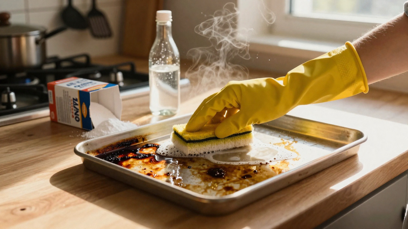 Hand wearing yellow glove scrubbing a greasy baking tray with a sponge in a kitchen.