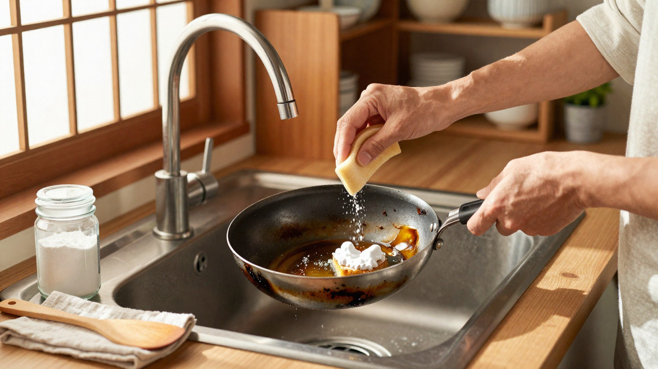 A person sprinkling salt from a wedge of lemon onto a frying pan over a kitchen sink.