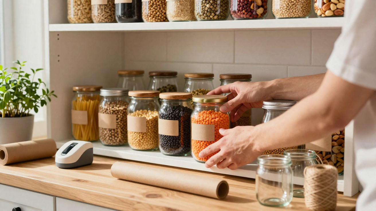 Person organising glass jars of dried lentils and beans on a kitchen shelf next to packing supplies.