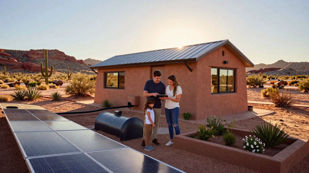 Family with child standing near solar panels outside a small desert house at sunset