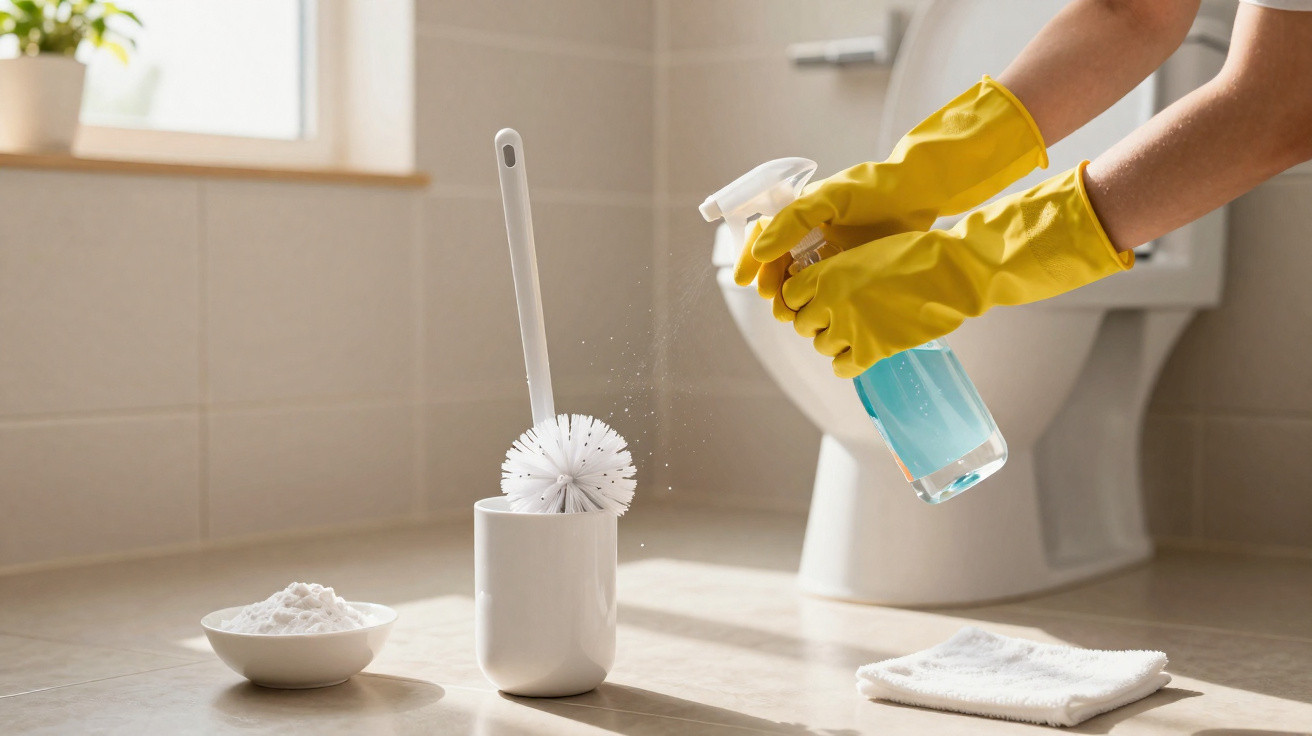 Person wearing yellow gloves spraying cleaner in a bathroom near a toilet brush and cleaning powder.