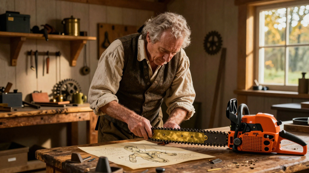 An elderly man in vintage clothing examines a chainsaw over a wooden table with mechanical drawings.