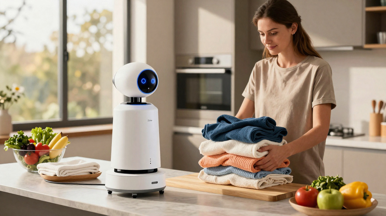 Woman folding laundry on a kitchen counter next to a small white robot with a digital face.