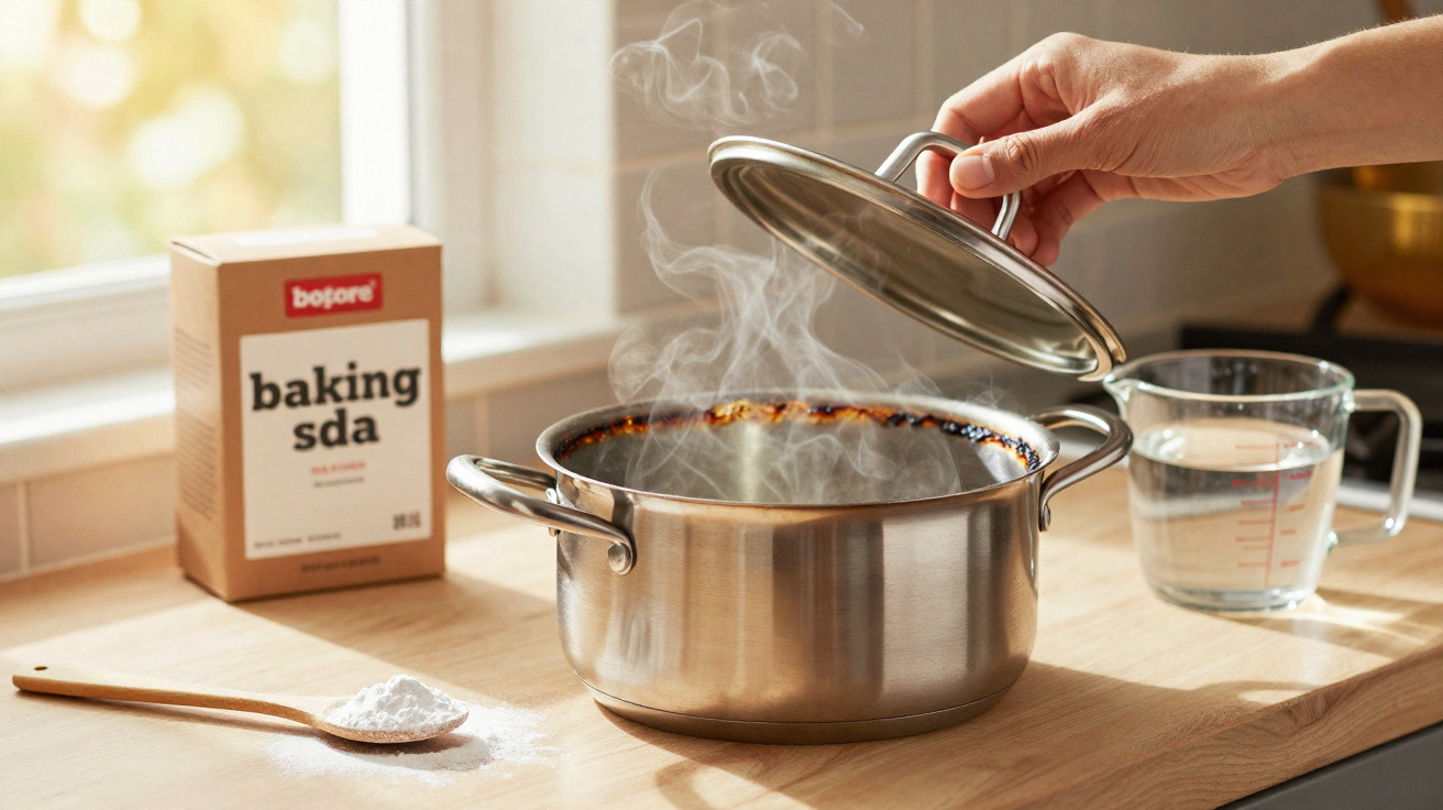 Hand lifting lid off steaming stainless steel pot on wooden countertop with baking soda and measuring jug nearby