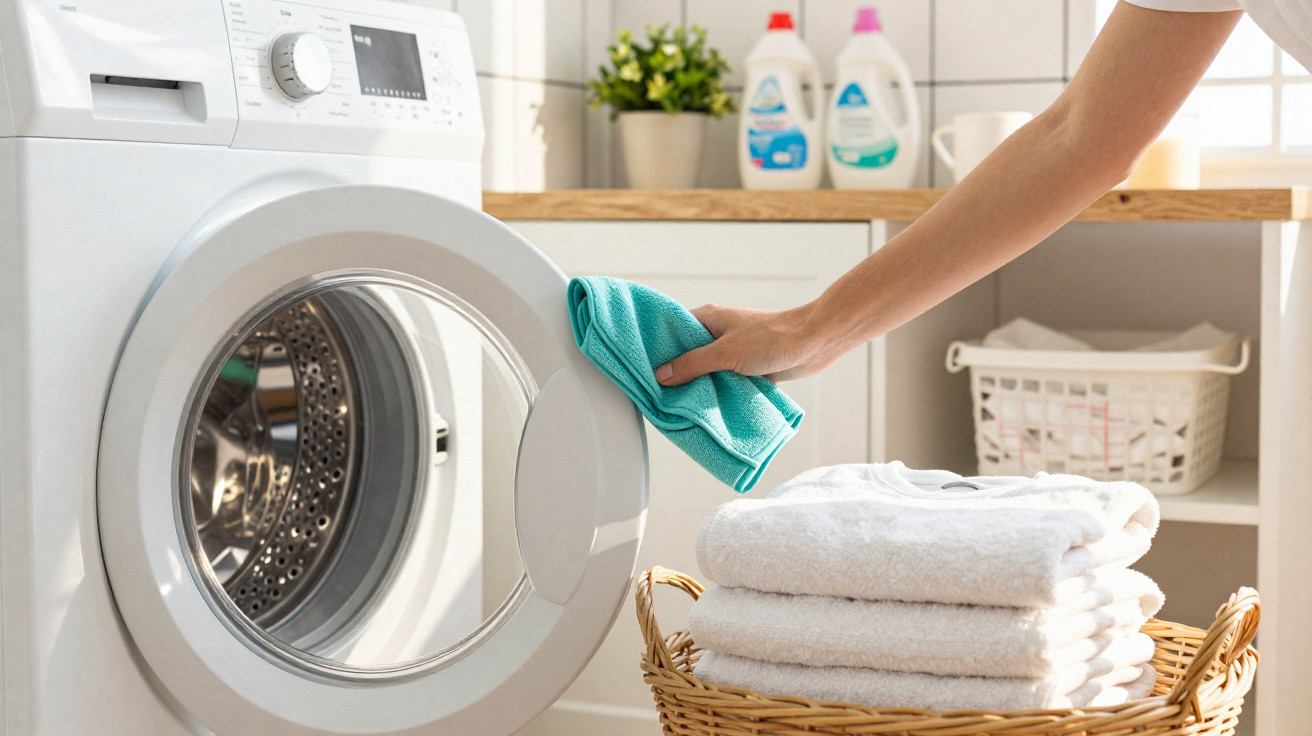 Hand wiping open door of front-loading washing machine with folded towels in basket nearby in laundry room