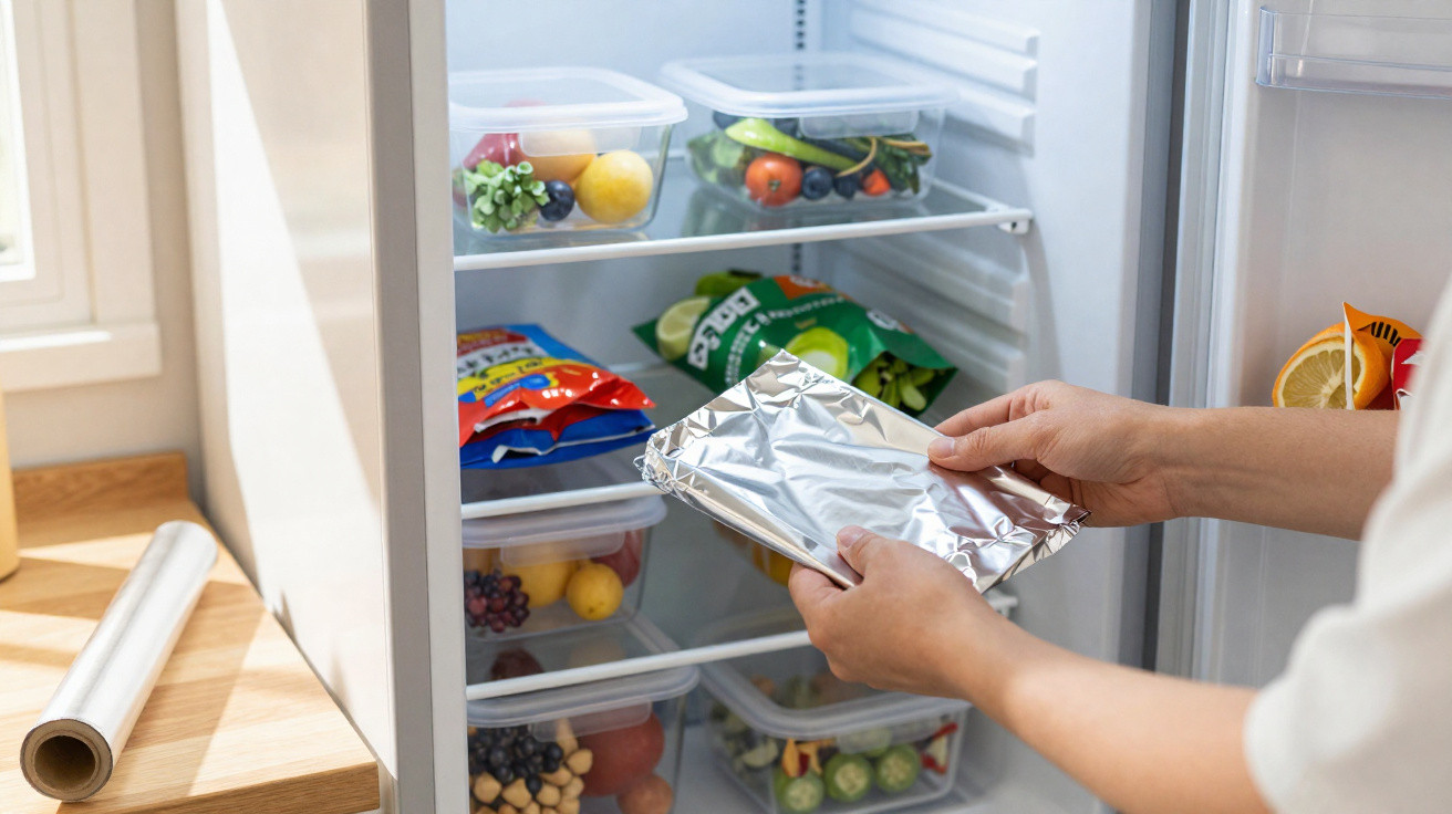 Person placing a foil-wrapped food container into a fridge with organised plastic tubs and bags.