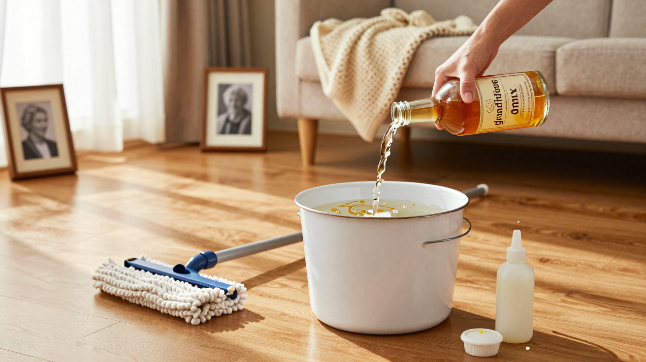Hand pouring liquid cleaner from a bottle into a white bucket on a wooden floor next to a mop.