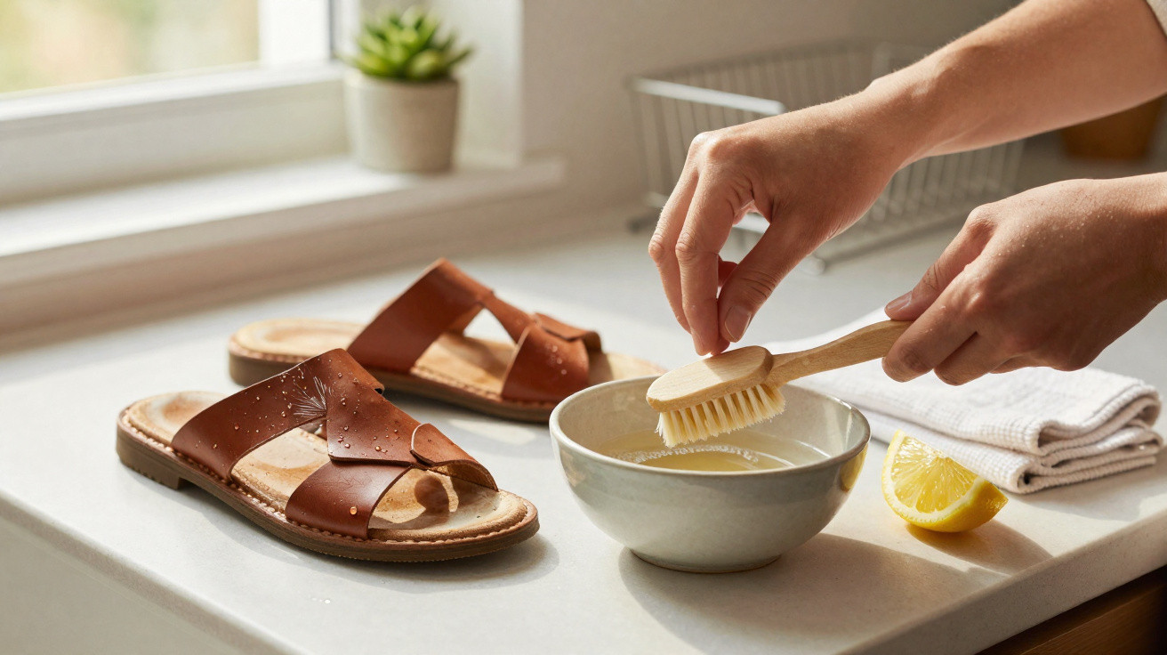 Hands scrubbing a wooden brush in a bowl with water, brown leather sandals, lemon wedge, and cloth on a kitchen counter.