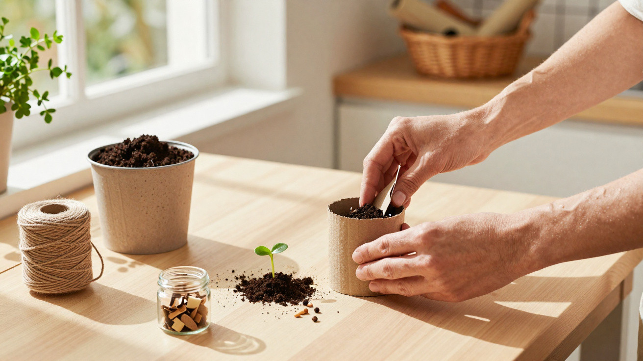 Hands planting soil in a small biodegradable pot on a table with seedlings, seeds, and twine nearby.