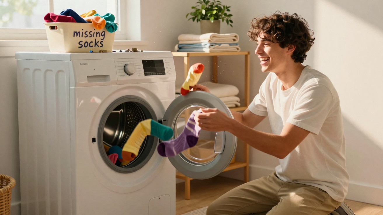 Young man happily sorting colourful socks into front-loading washing machine in bright laundry room