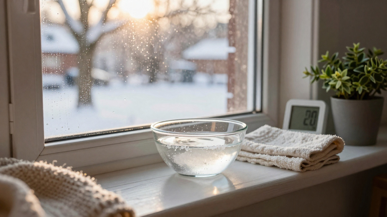 Glass bowl with water on a windowsill beside a digital thermometer, cloths, and a potted plant in snowy light.