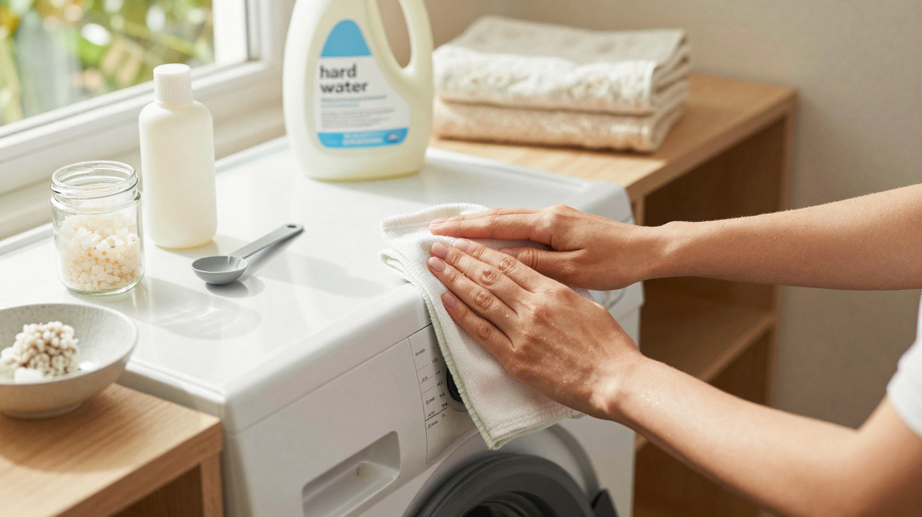 Hands cleaning the top of a washing machine with a cloth in a bright laundry room next to detergent bottles.