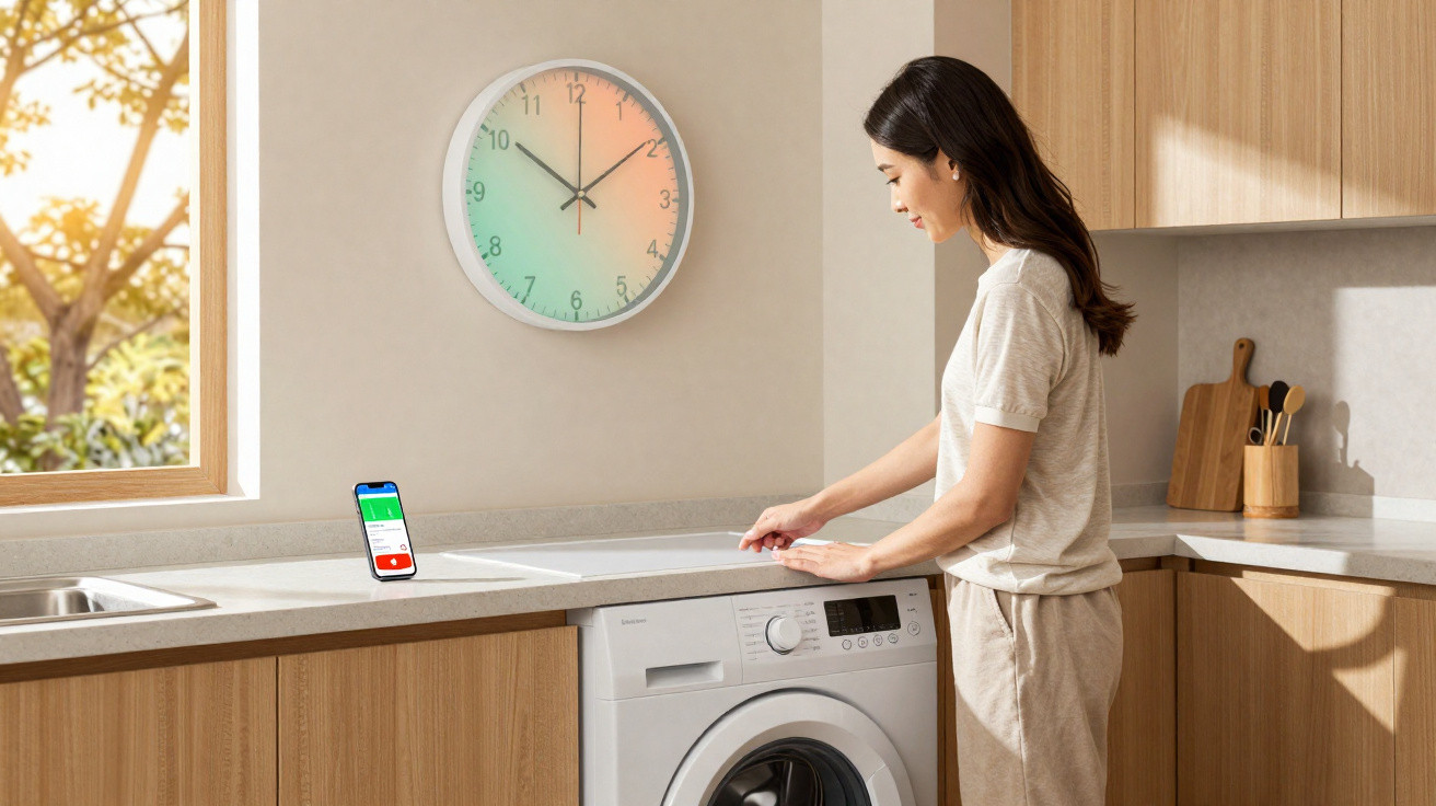 Woman setting a washing machine in a bright kitchen with a phone and clock showing 7:12 nearby.