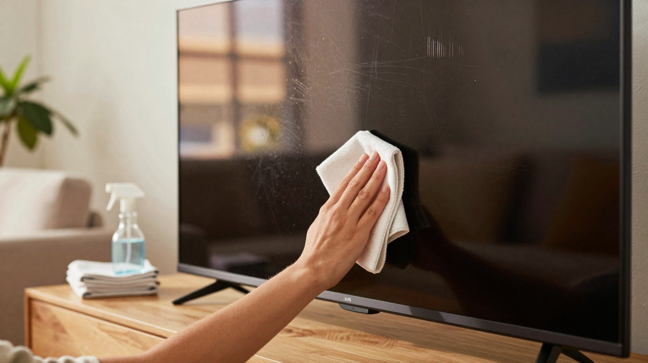 Hand cleaning a flat-screen TV with a white cloth on a wooden stand in a living room.