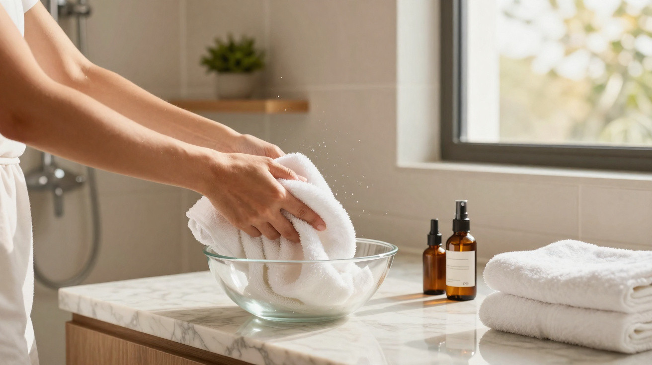 Person washing a fluffy white towel over a glass bowl on a marble bathroom countertop with toiletries nearby.
