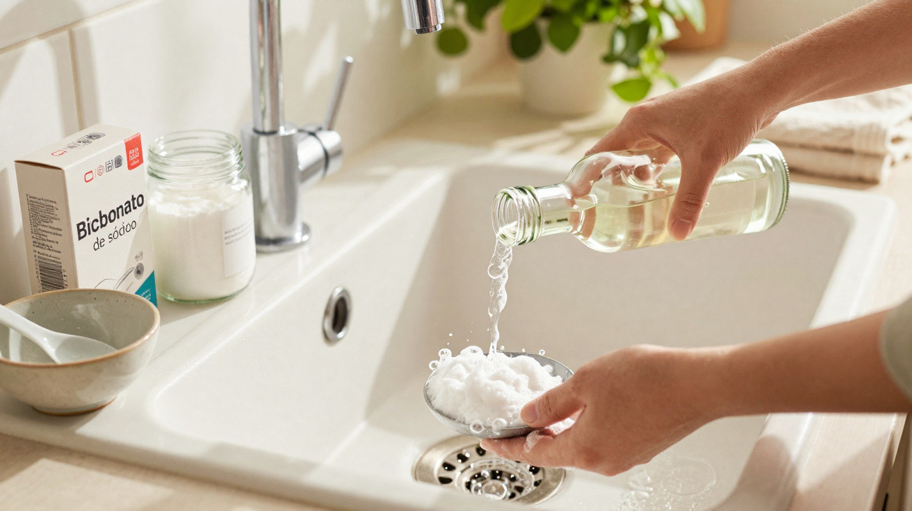 Person pouring liquid vinegar onto baking soda in a dish over a white kitchen sink.