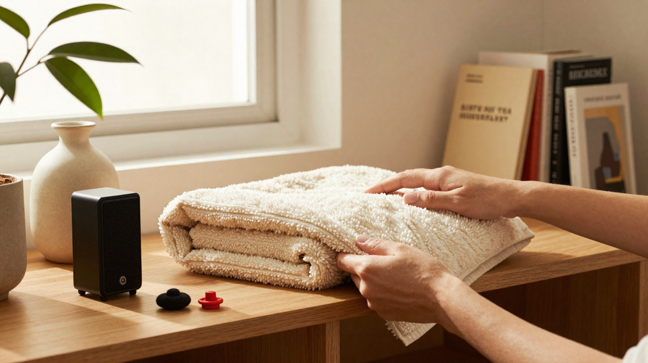 Hands neatly folding a soft beige towel on a wooden shelf with plants, books, and a small speaker nearby.
