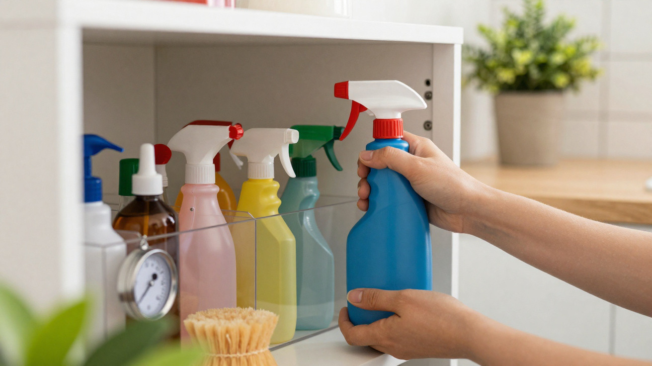 Person's hands picking up a blue spray bottle from a shelf with various cleaning products.