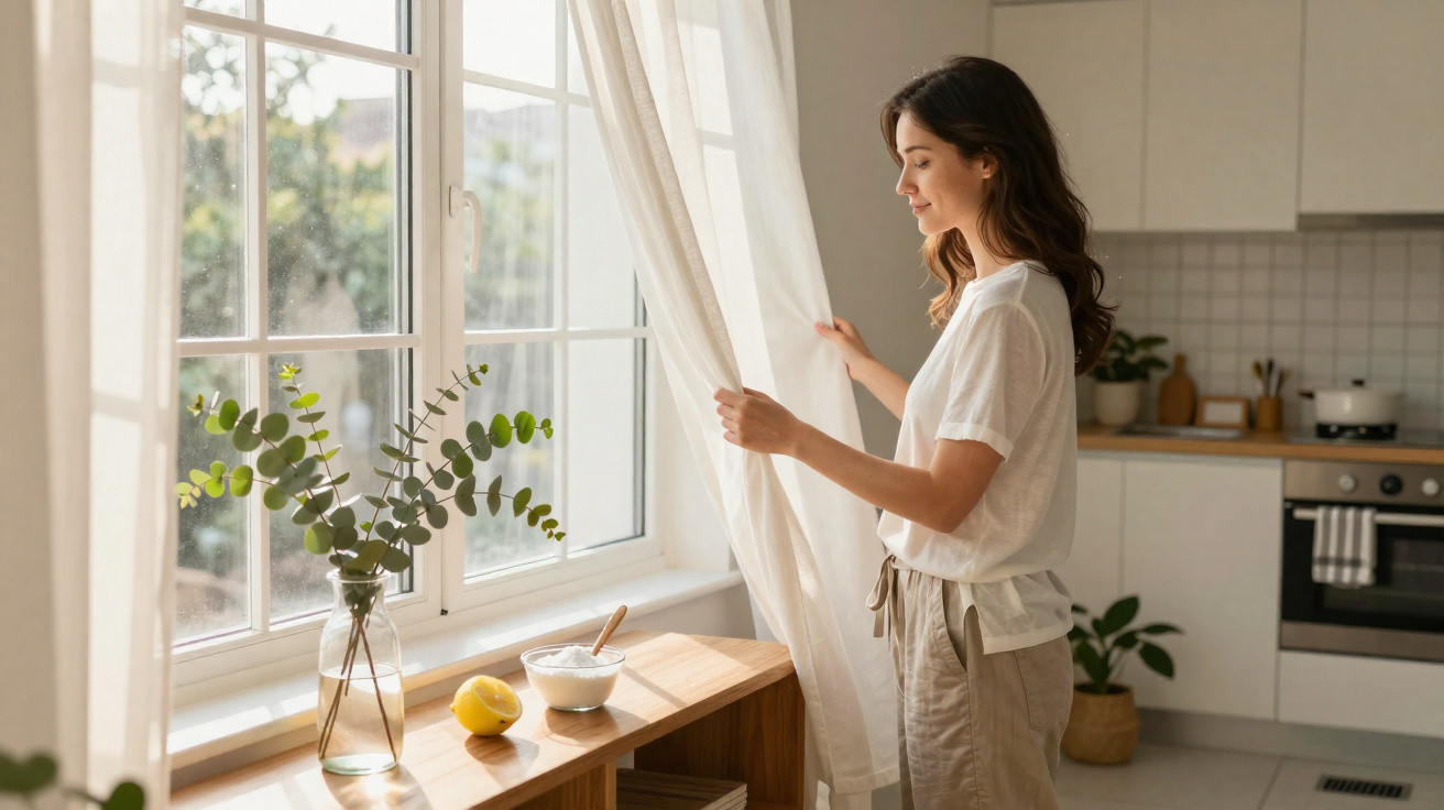 Woman opening white curtains in a bright kitchen with a vase of eucalyptus and a lemon on the windowsill.