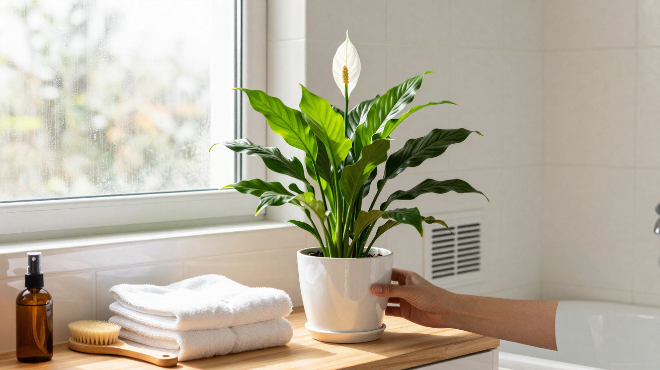 Hand adjusting a peace lily plant on a wooden bathroom counter with folded towels and toiletries nearby.