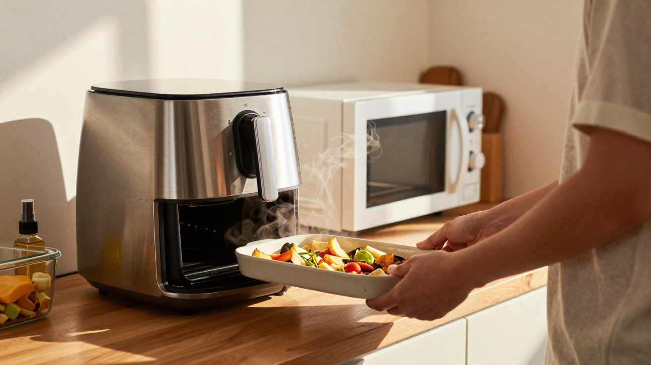 Person removing a steaming dish of roasted vegetables from a countertop air fryer in a kitchen.