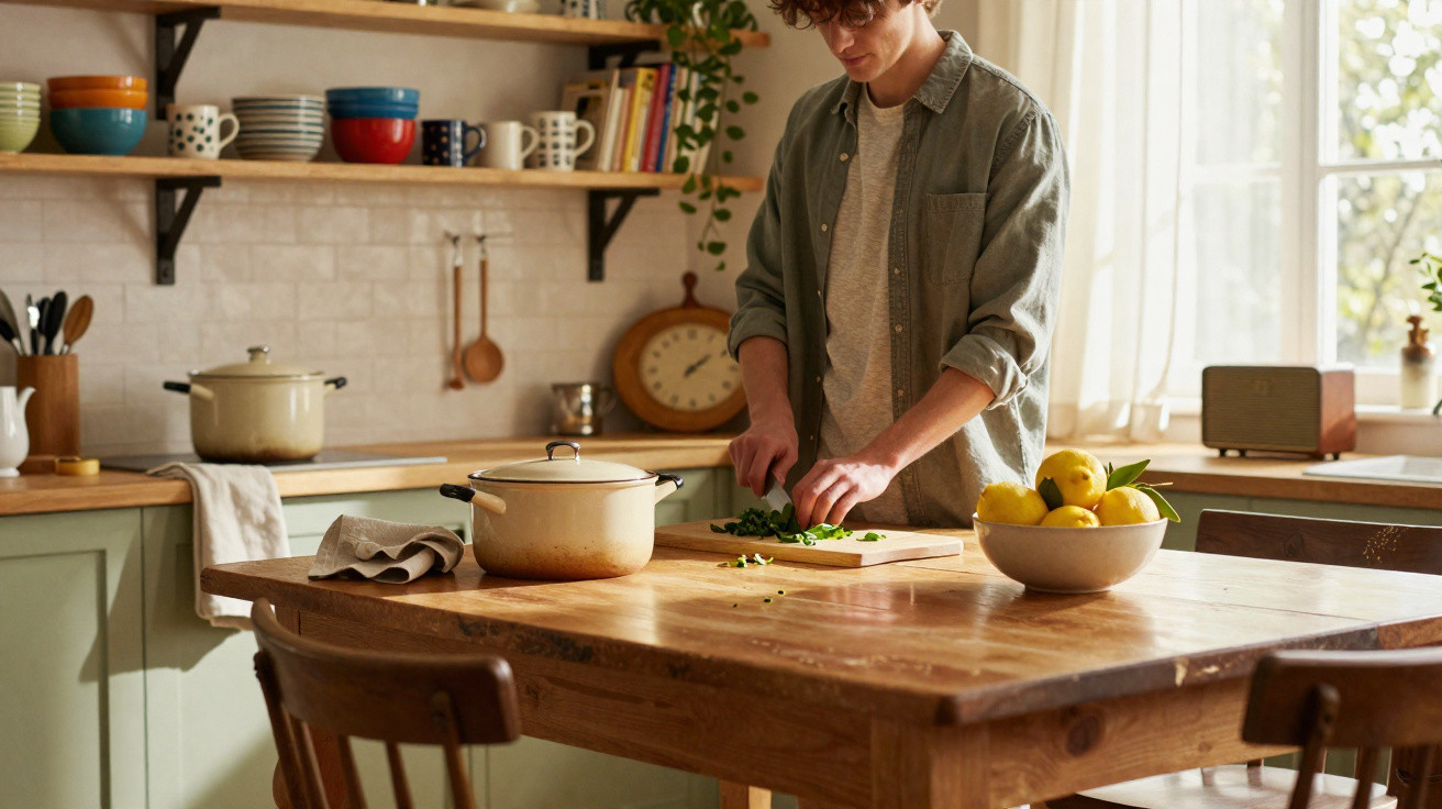Person chopping herbs on a wooden kitchen table in a bright, cosy kitchen with shelves of crockery.