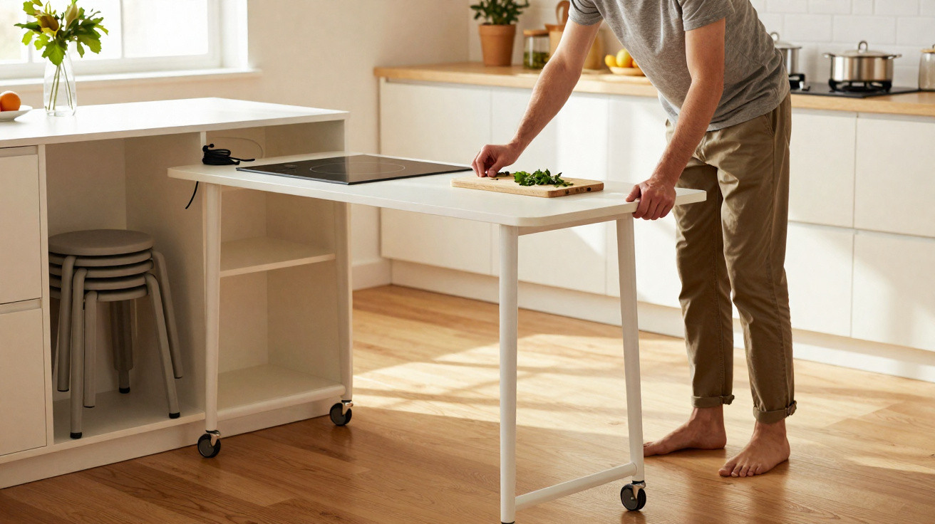 Person preparing herbs on a white kitchen island with wheels in a bright, modern kitchen.