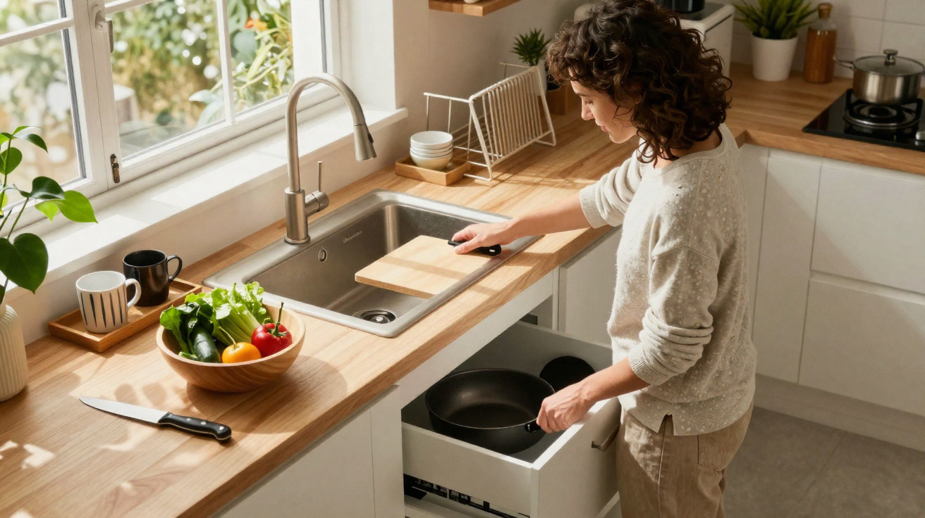Person placing a cutting board over a kitchen sink next to a bowl of vegetables and knife on the counter.