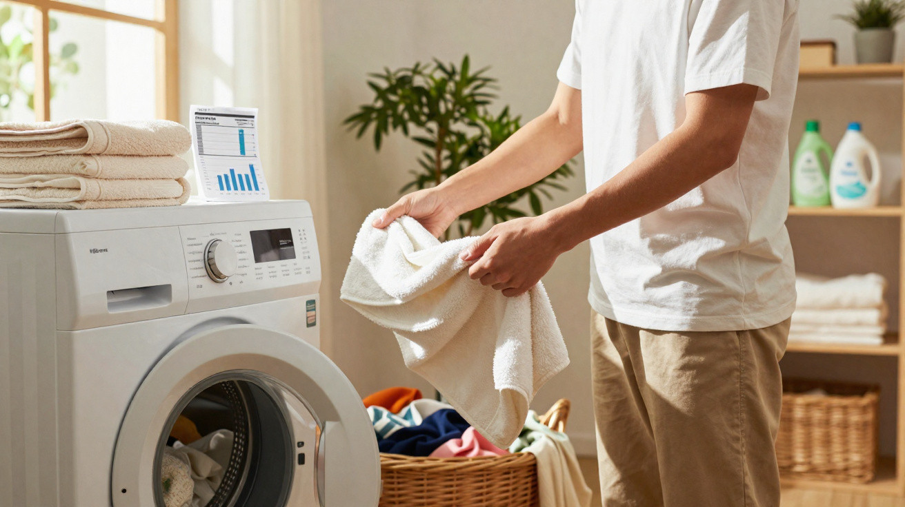 Person loading white towel into front-load washing machine in bright laundry room with basket and shelves.