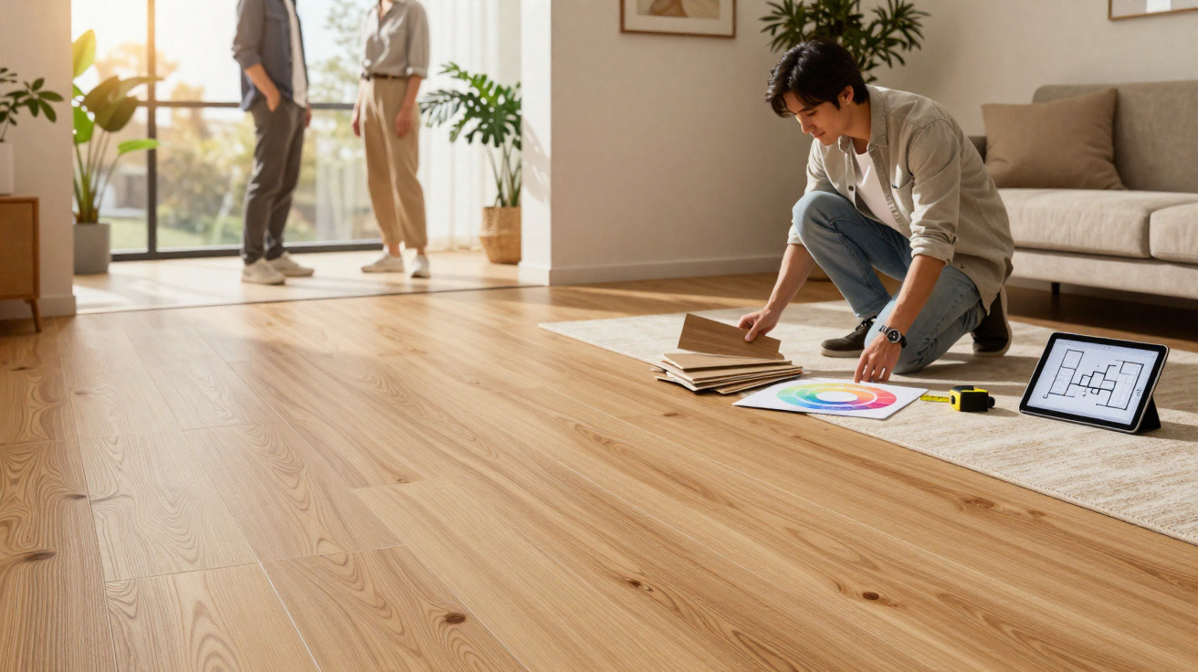 Man kneeling on wooden floor examining colour samples with floor plan on tablet, two people standing in background.