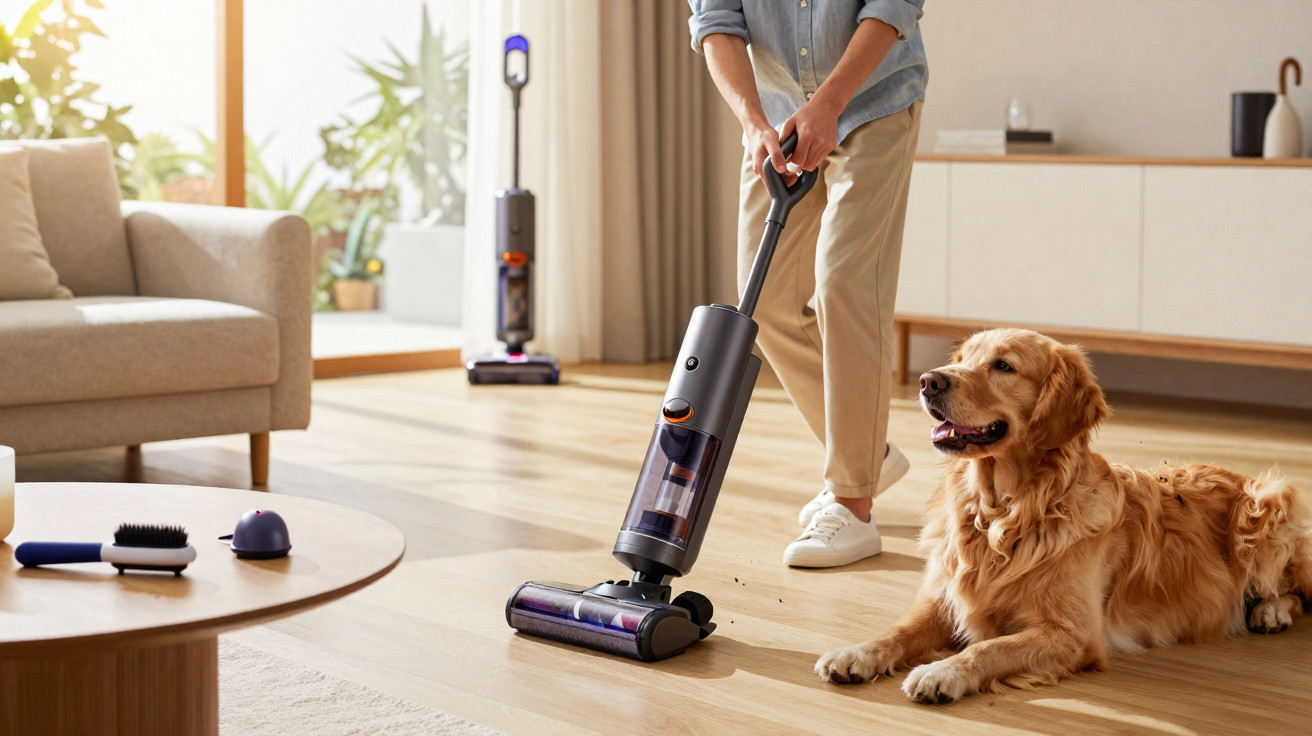 Person vacuuming wooden floor in living room near a relaxed golden retriever dog and cleaning tools.