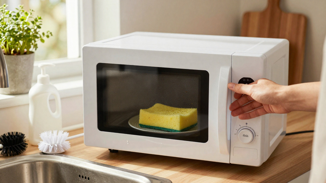 Hand adjusting a white microwave with a kitchen sponge inside on a wooden countertop near a sink.