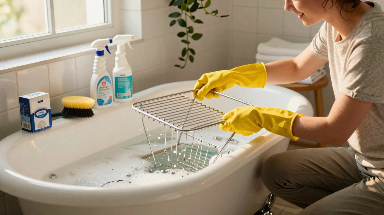 Person wearing yellow gloves cleaning a bathtub rack over a soapy bathtub in a bright bathroom.