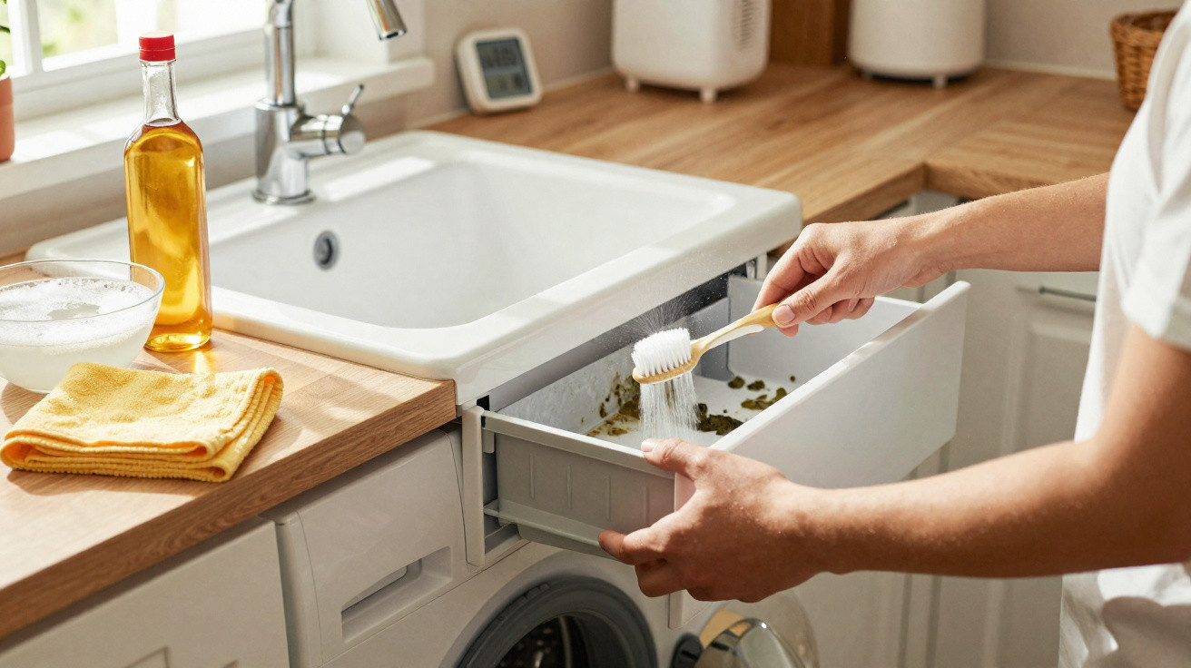 Person cleaning a washing machine detergent drawer with a brush in a bright kitchen.