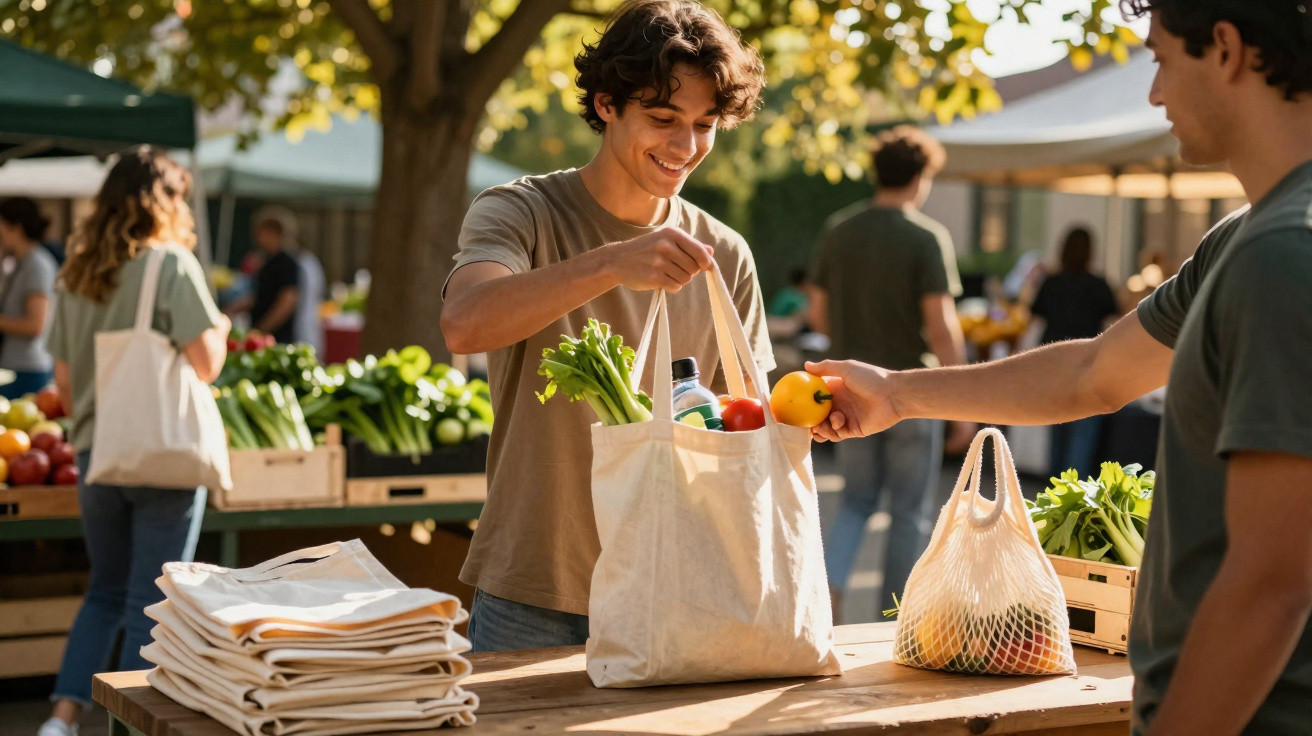 Young man smiling while placing fresh vegetables into a reusable bag at an outdoor market stall.
