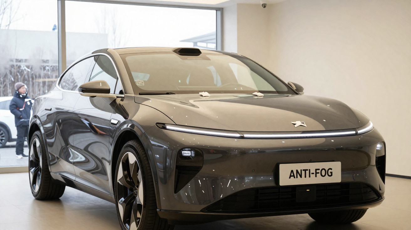 Sleek grey electric car with "ANTI-FOG" plate displayed indoors with large windows and people outside.