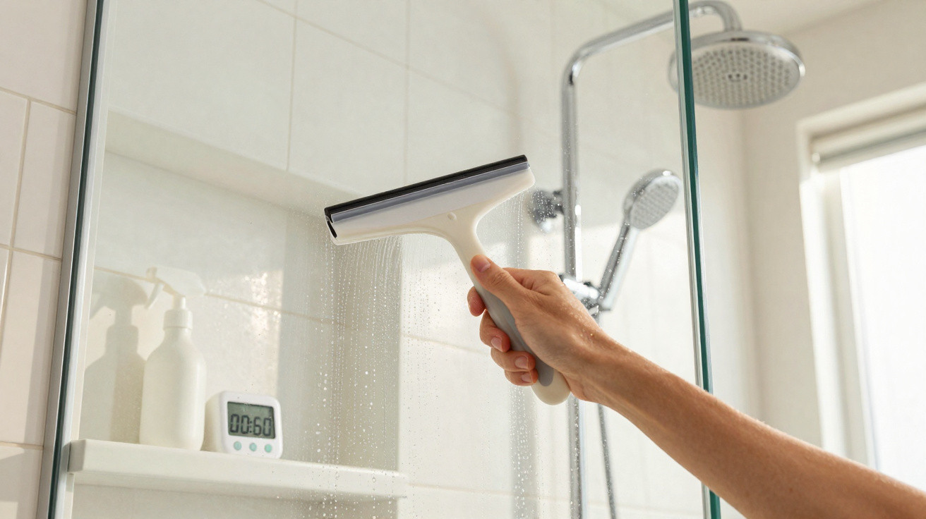 Hand using a squeegee to clean water droplets off a glass shower door in a bathroom.