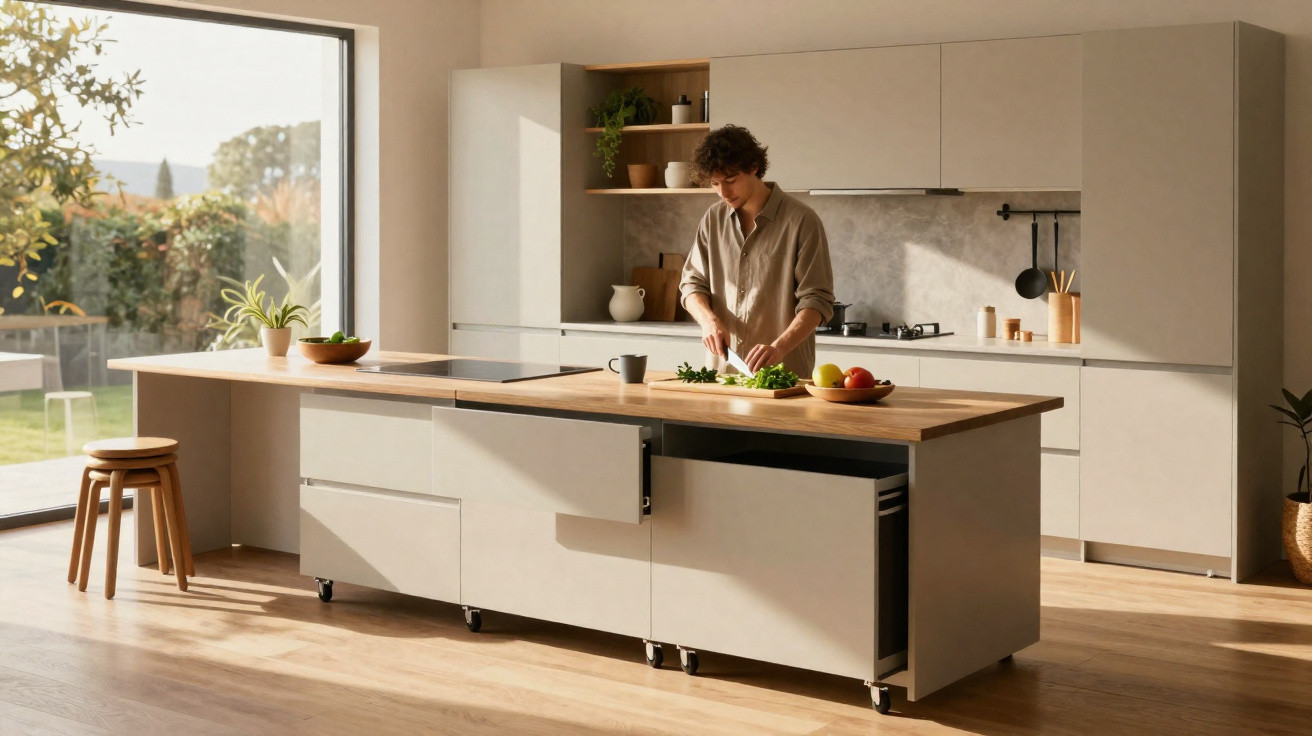 Person chopping vegetables on a wooden countertop in a modern bright kitchen with large window.