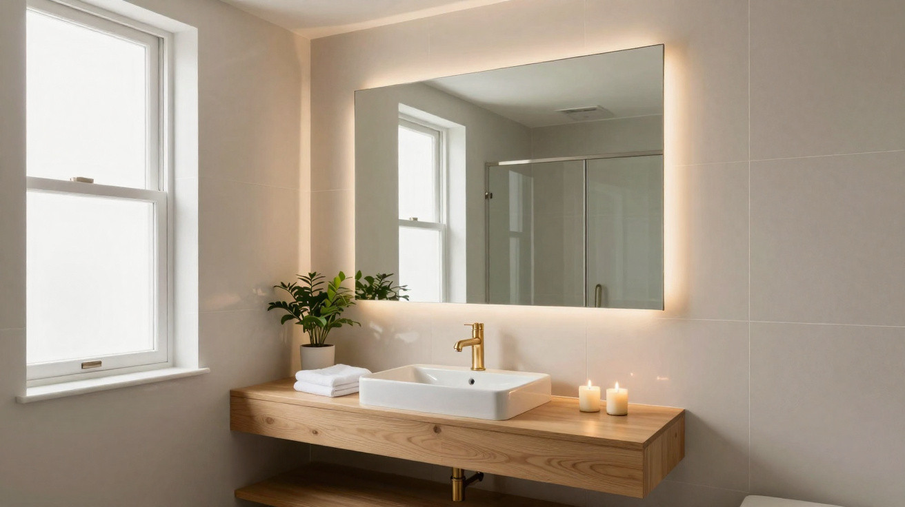 Modern bathroom with wooden floating vanity, white sink, gold faucet, backlit mirror, candles, and potted plant next to windo