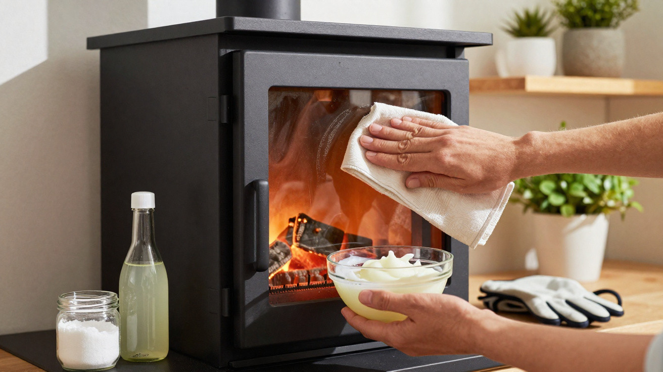 Person cleaning glass door of lit wood-burning stove with cloth, holding bowl of cream, kitchen plants in background